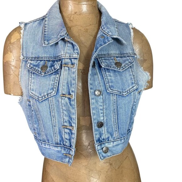 Bundle of 2 Cropped Blue Denim Distressed Button Vests L ChiOle & Candies #204H - Picture 4 of 9